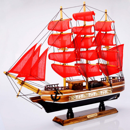 Дерев'яний корабель Парусник  40 см з зол.полосой червоні вітрила